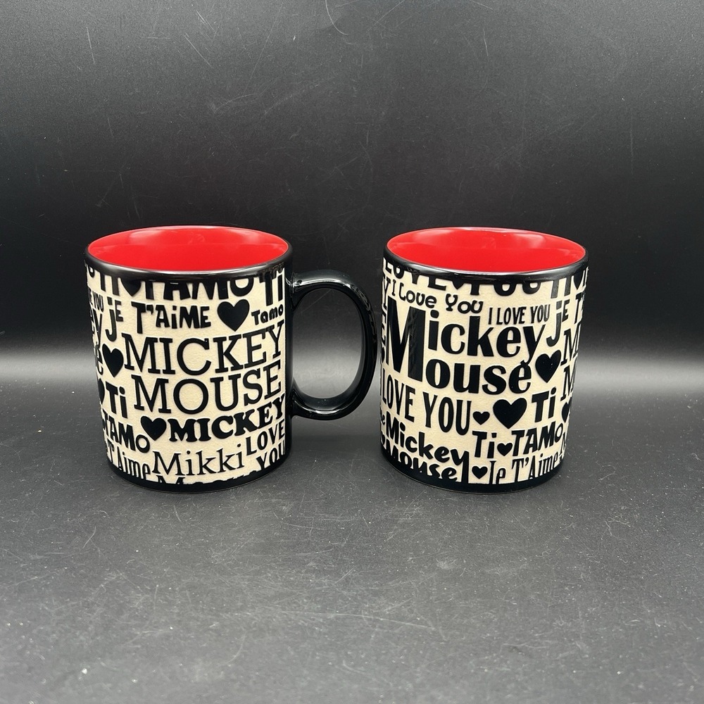 2‎ Disney Mickey Mouse I Love You,Je T'aime Ti Amo Cup mug Wink Inside Red Black